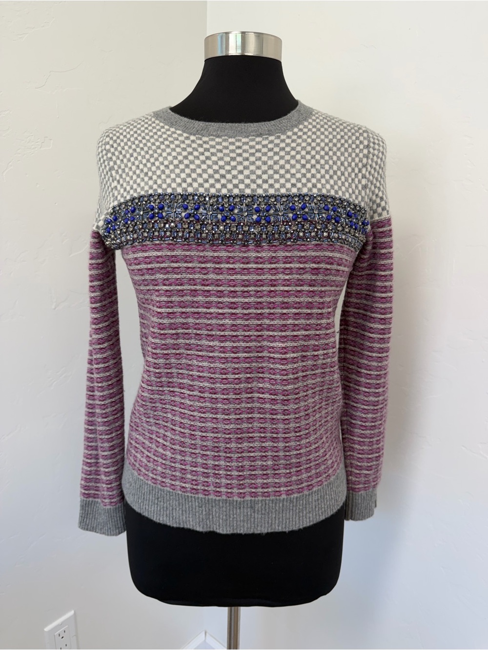 J. Crew Collection Cashmere Blend Mauve Gray Beaded Fair isle Nordic Sweater